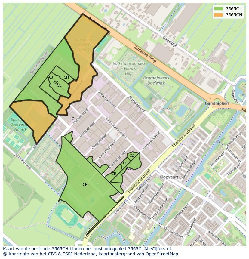 Afbeelding van het postcodegebied 3565 CH op de kaart.