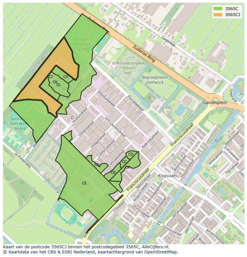 Afbeelding van het postcodegebied 3565 CJ op de kaart.