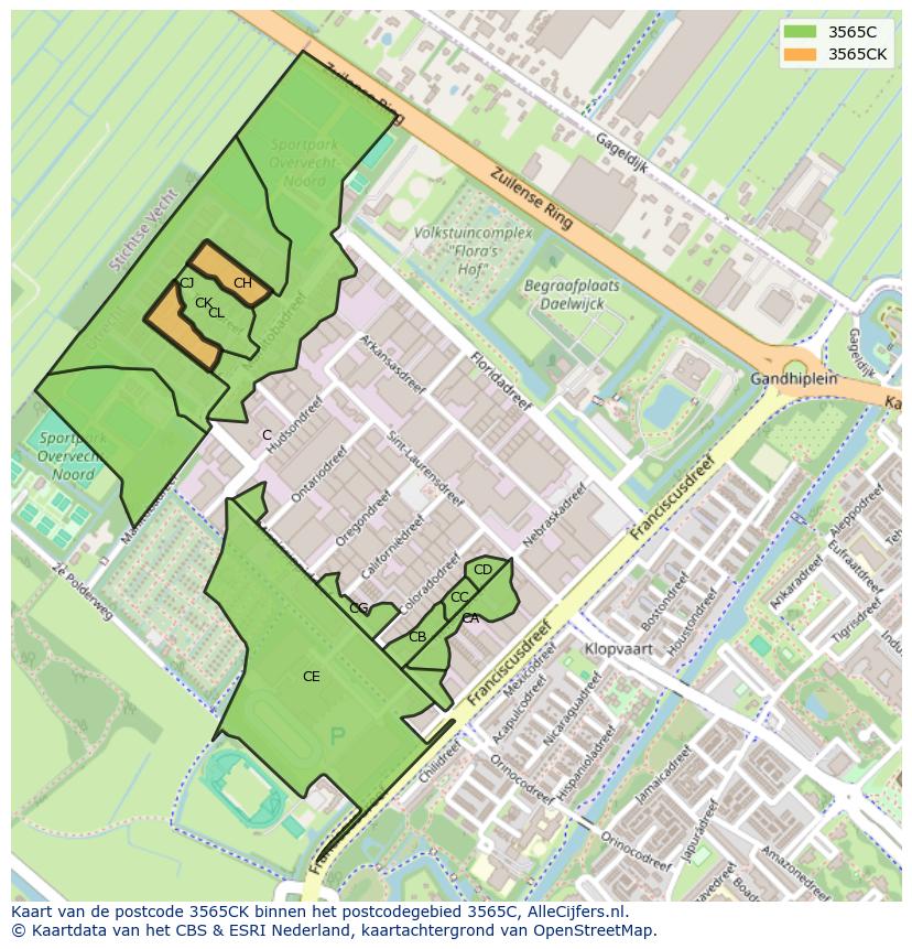 Afbeelding van het postcodegebied 3565 CK op de kaart.