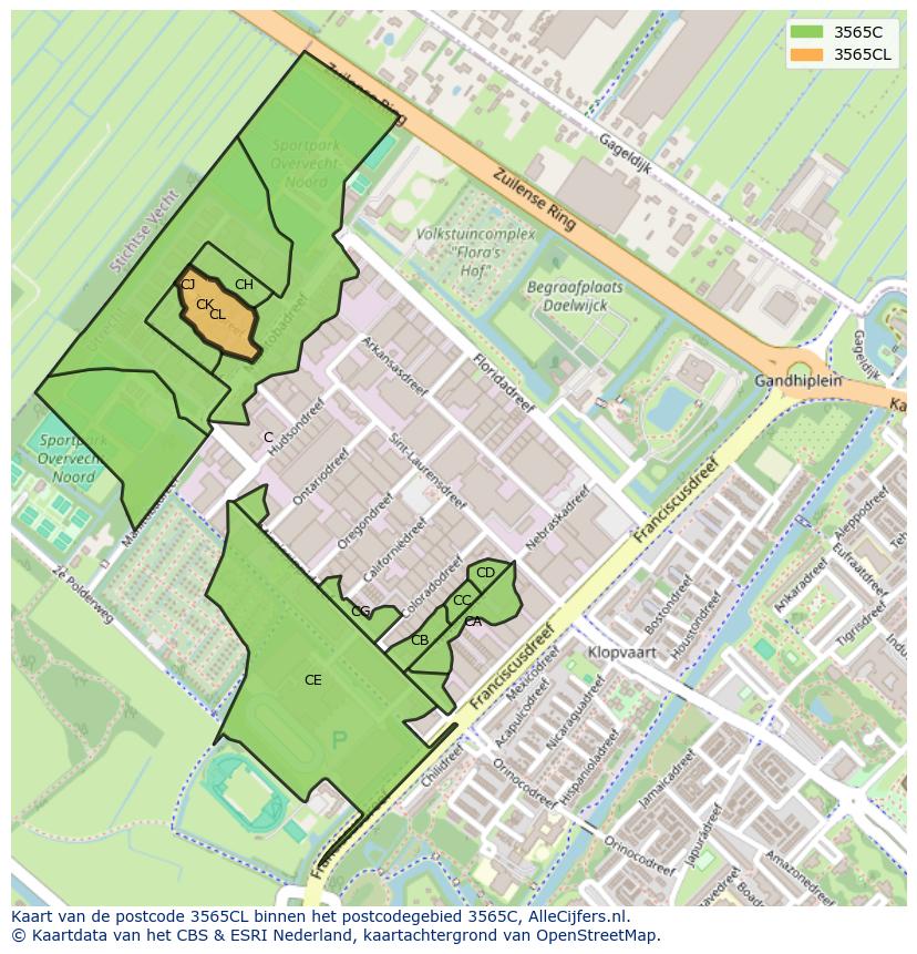 Afbeelding van het postcodegebied 3565 CL op de kaart.