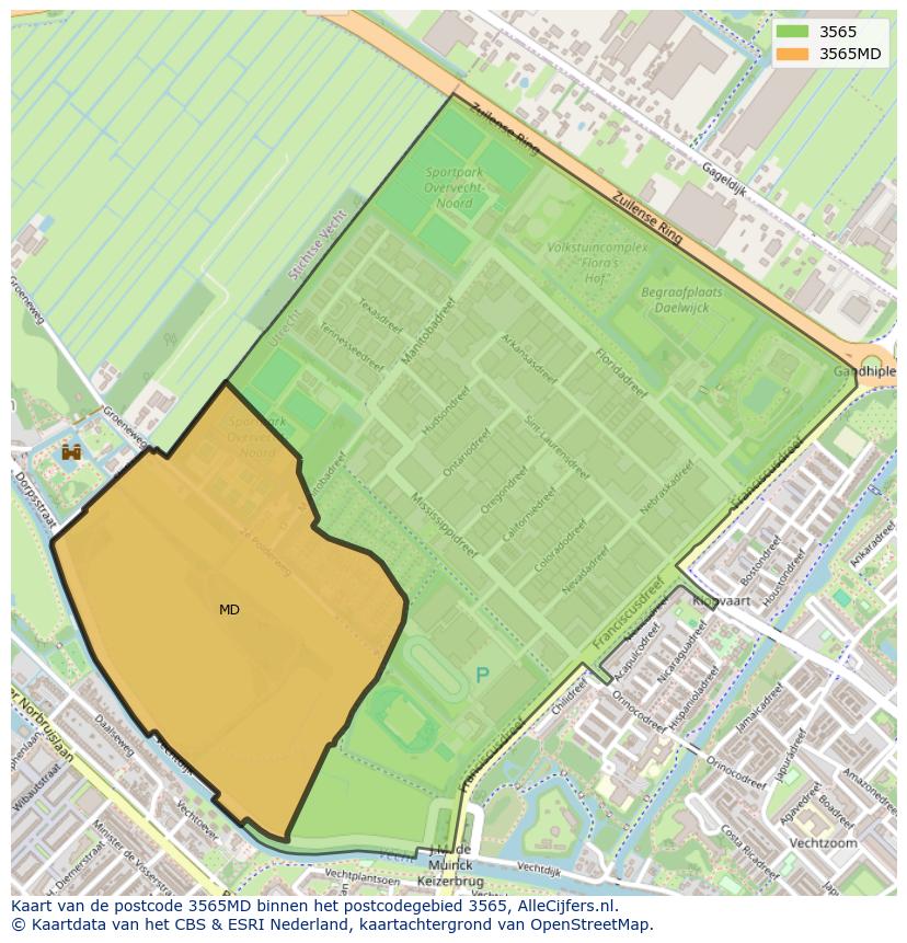 Afbeelding van het postcodegebied 3565 MD op de kaart.