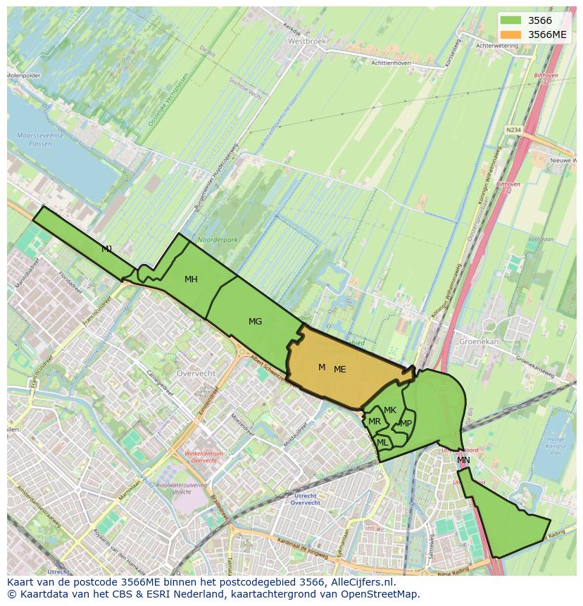 Afbeelding van het postcodegebied 3566 ME op de kaart.
