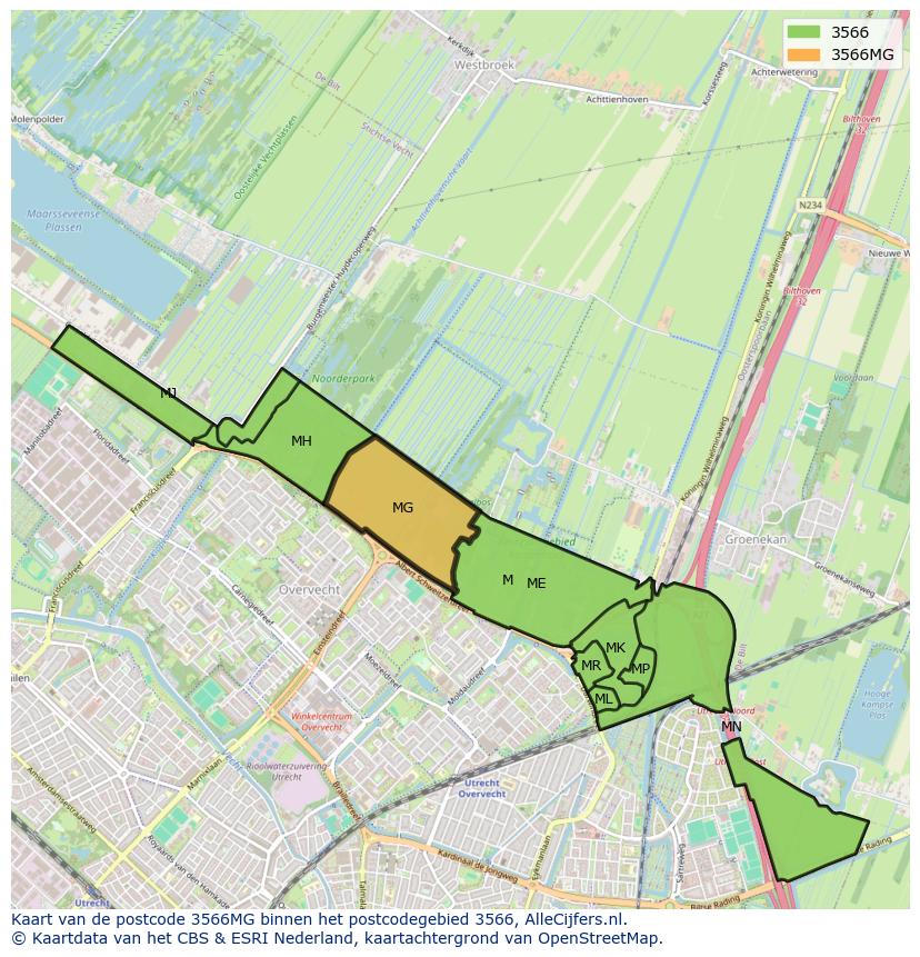 Afbeelding van het postcodegebied 3566 MG op de kaart.