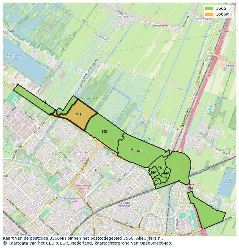 Afbeelding van het postcodegebied 3566 MH op de kaart.