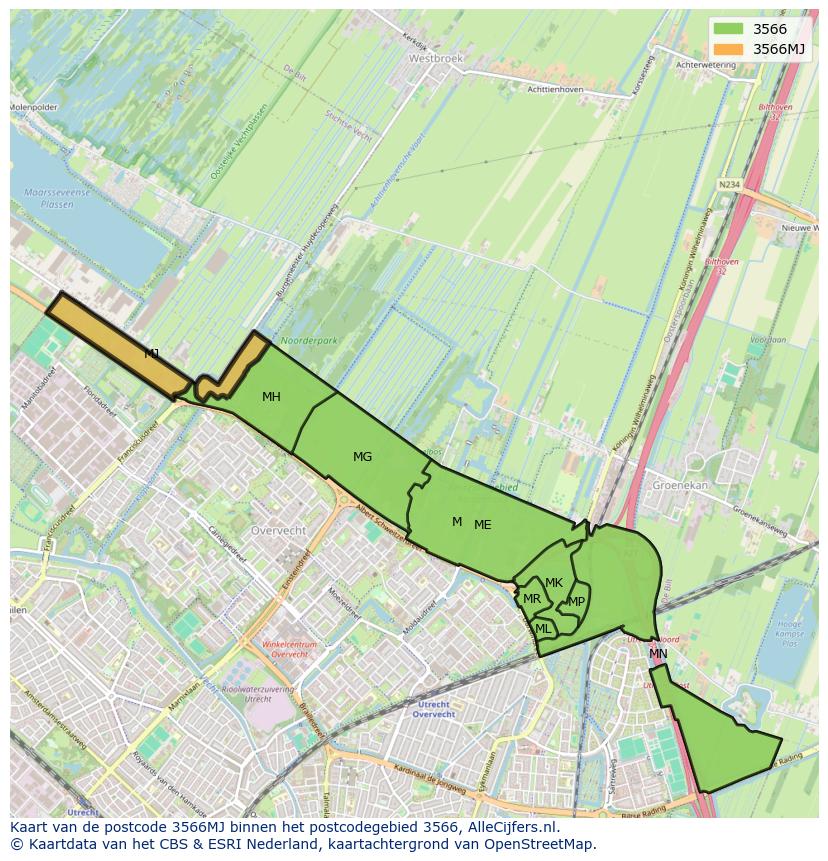 Afbeelding van het postcodegebied 3566 MJ op de kaart.