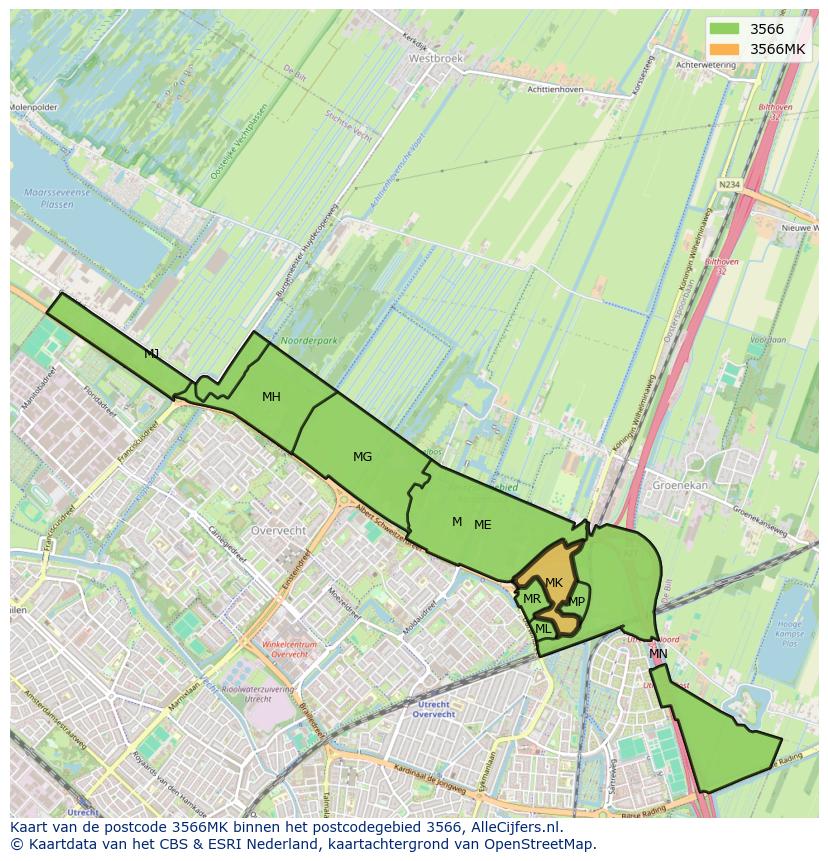 Afbeelding van het postcodegebied 3566 MK op de kaart.