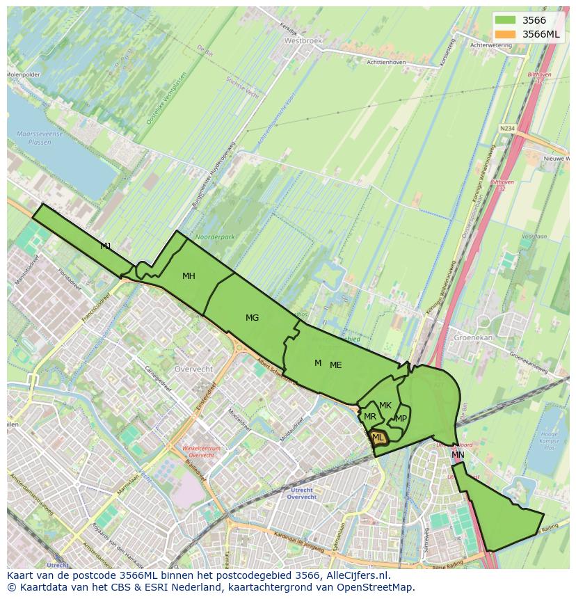 Afbeelding van het postcodegebied 3566 ML op de kaart.