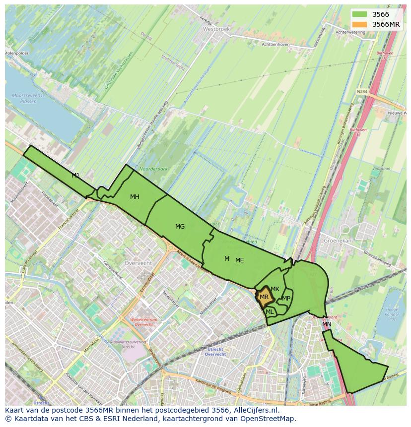 Afbeelding van het postcodegebied 3566 MR op de kaart.
