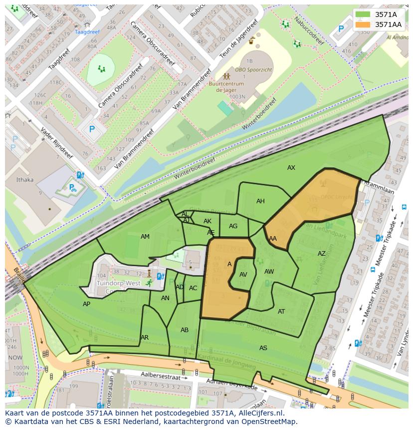 Afbeelding van het postcodegebied 3571 AA op de kaart.