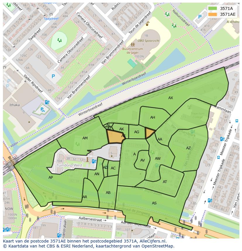 Afbeelding van het postcodegebied 3571 AE op de kaart.