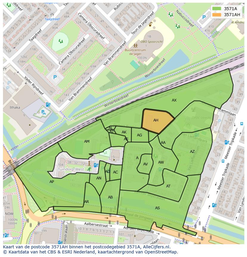 Afbeelding van het postcodegebied 3571 AH op de kaart.