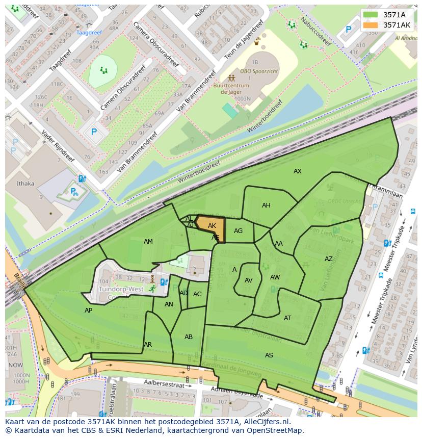 Afbeelding van het postcodegebied 3571 AK op de kaart.