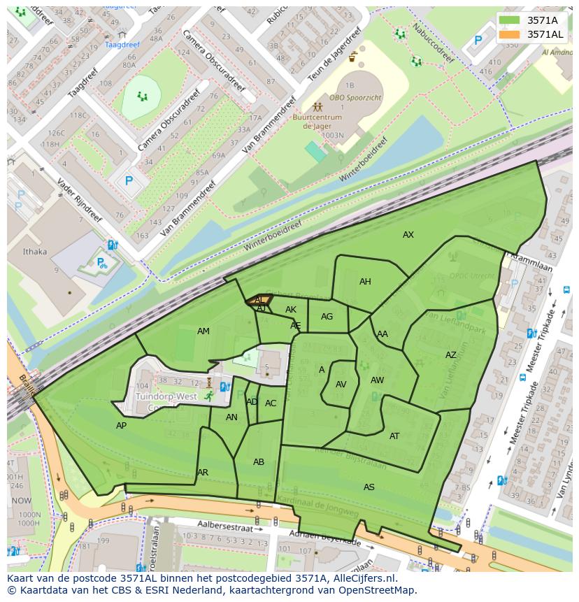 Afbeelding van het postcodegebied 3571 AL op de kaart.