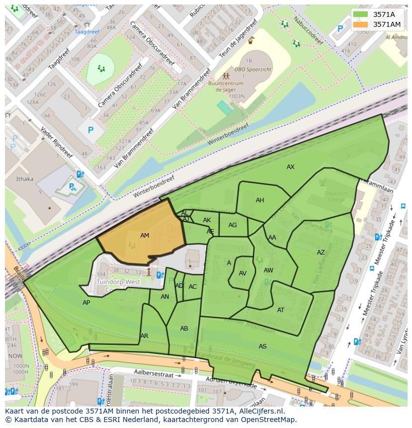 Afbeelding van het postcodegebied 3571 AM op de kaart.