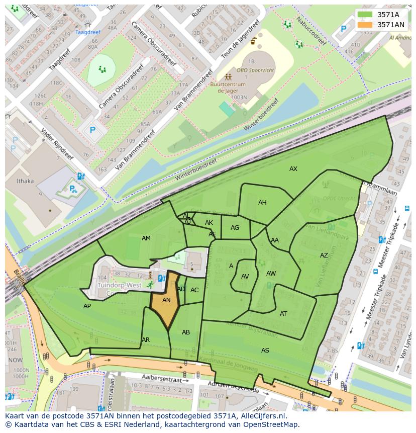 Afbeelding van het postcodegebied 3571 AN op de kaart.