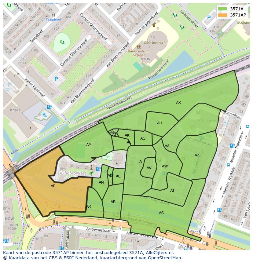 Afbeelding van het postcodegebied 3571 AP op de kaart.