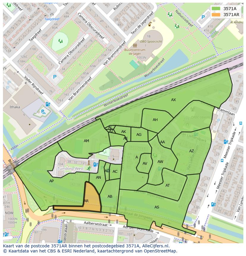 Afbeelding van het postcodegebied 3571 AR op de kaart.