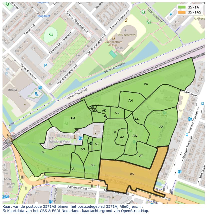 Afbeelding van het postcodegebied 3571 AS op de kaart.