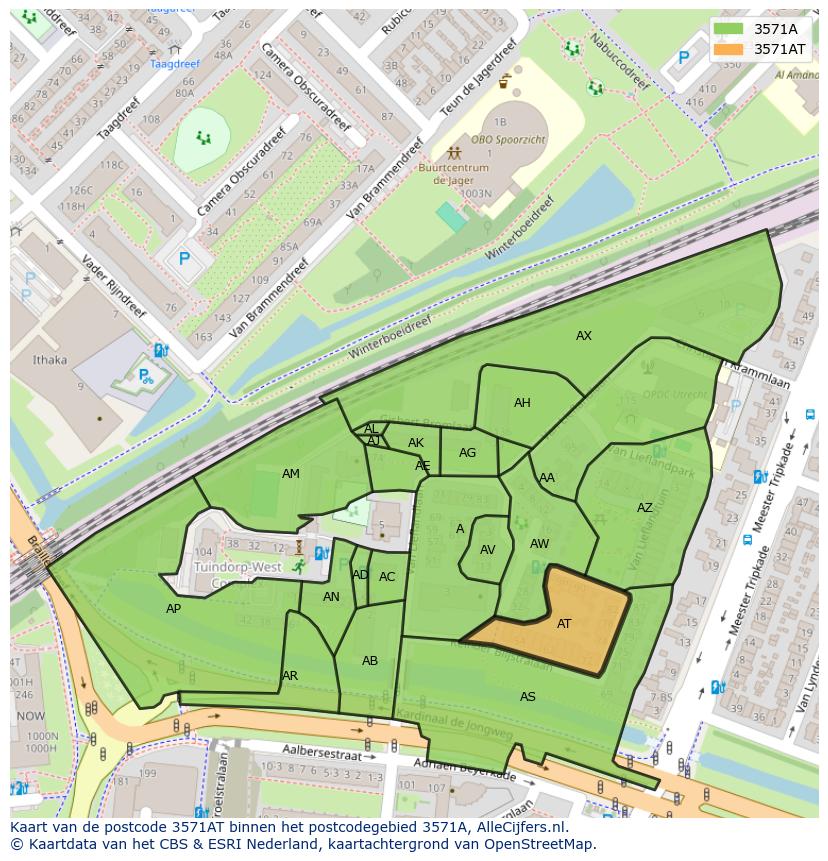 Afbeelding van het postcodegebied 3571 AT op de kaart.