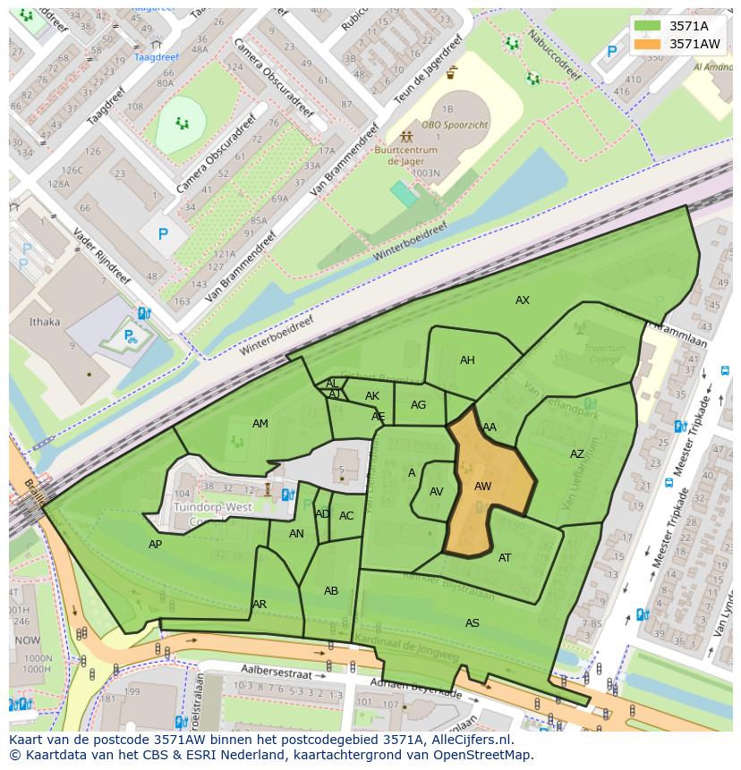 Afbeelding van het postcodegebied 3571 AW op de kaart.
