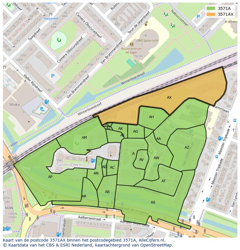 Afbeelding van het postcodegebied 3571 AX op de kaart.