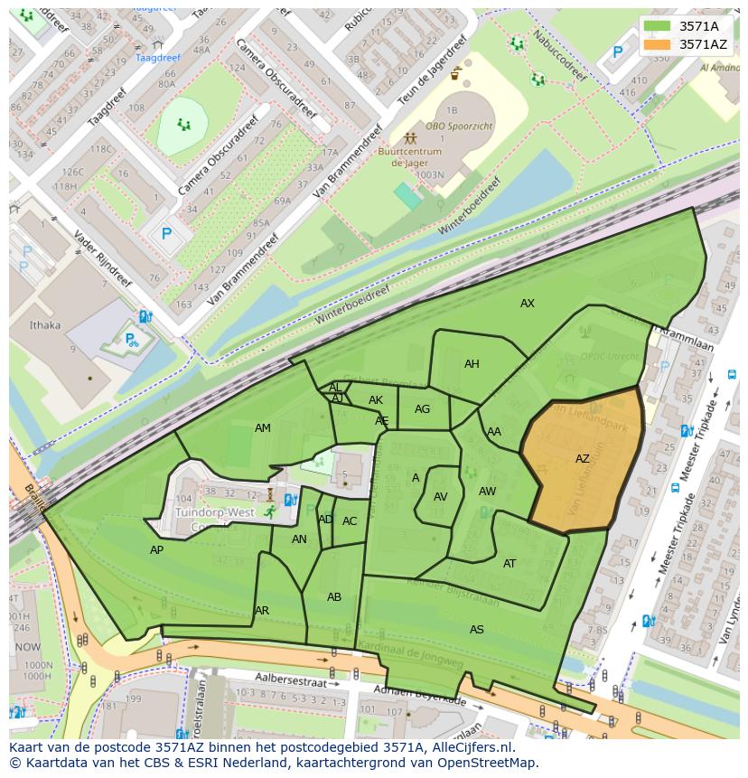 Afbeelding van het postcodegebied 3571 AZ op de kaart.