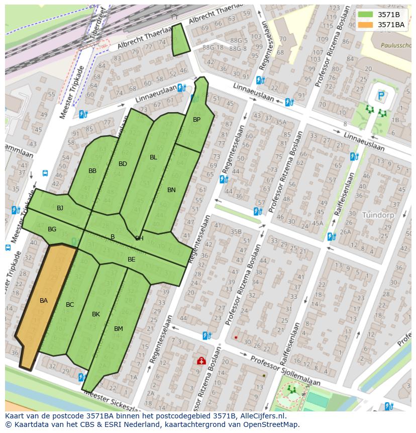 Afbeelding van het postcodegebied 3571 BA op de kaart.
