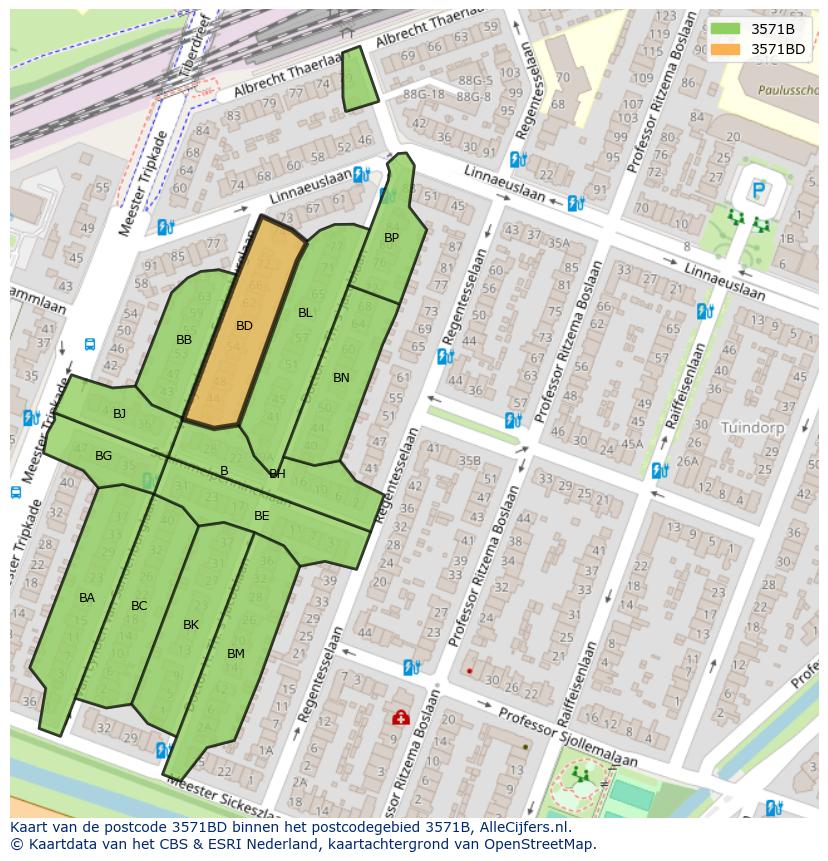 Afbeelding van het postcodegebied 3571 BD op de kaart.