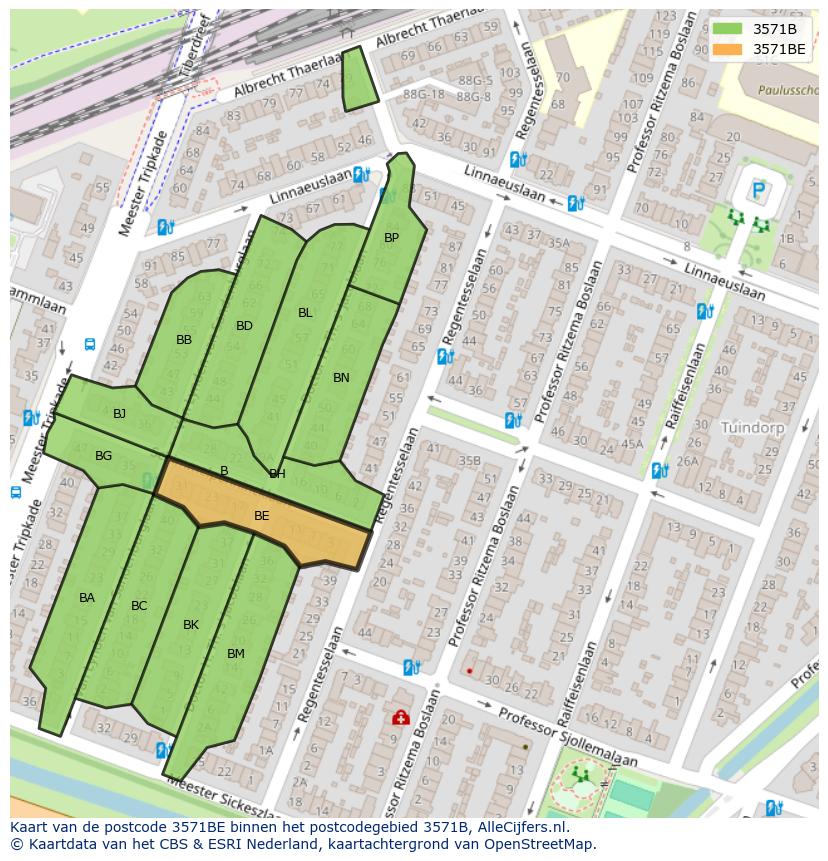 Afbeelding van het postcodegebied 3571 BE op de kaart.