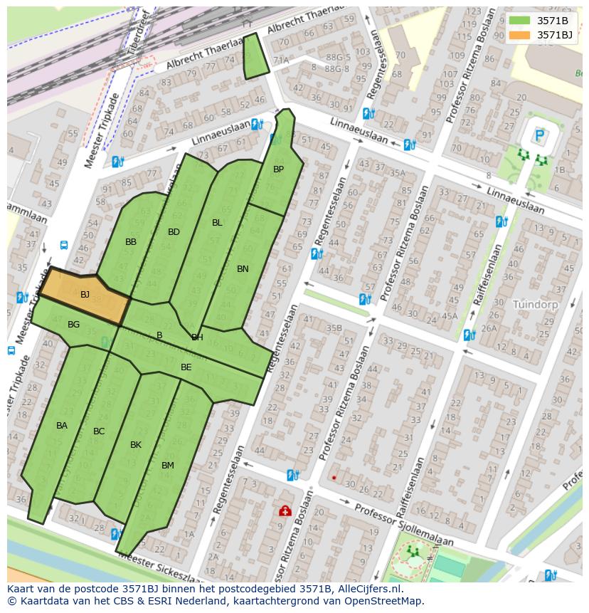 Afbeelding van het postcodegebied 3571 BJ op de kaart.