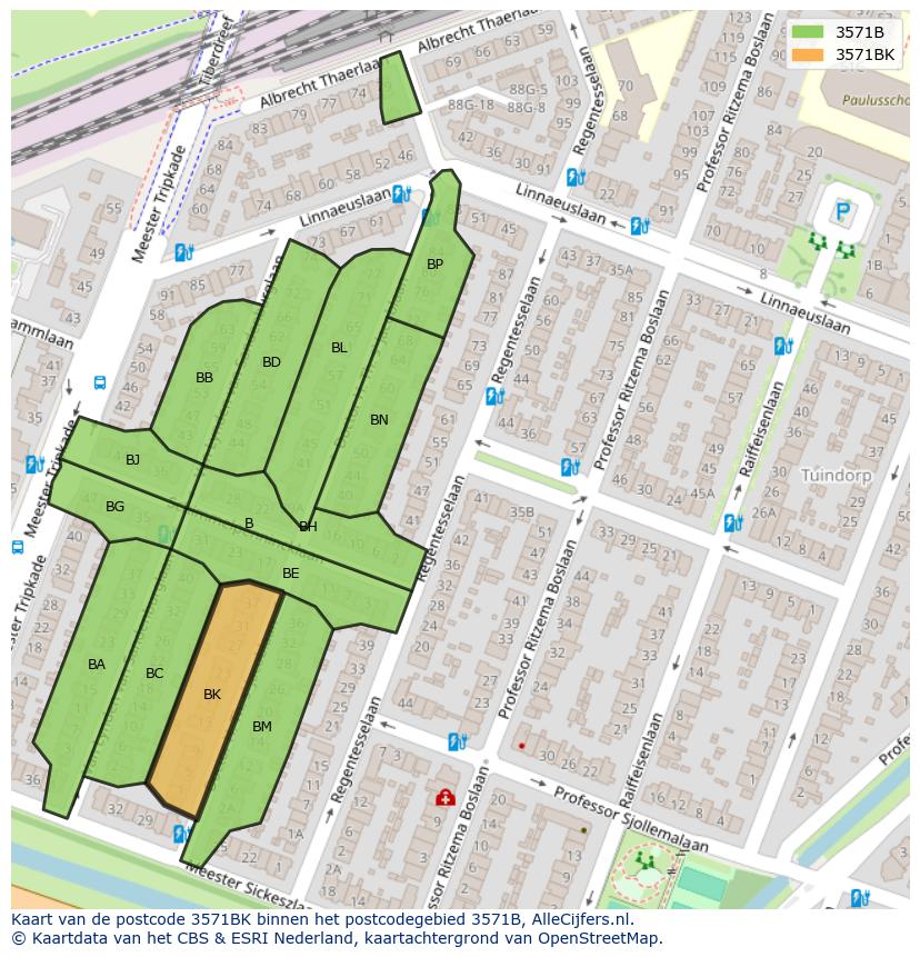 Afbeelding van het postcodegebied 3571 BK op de kaart.
