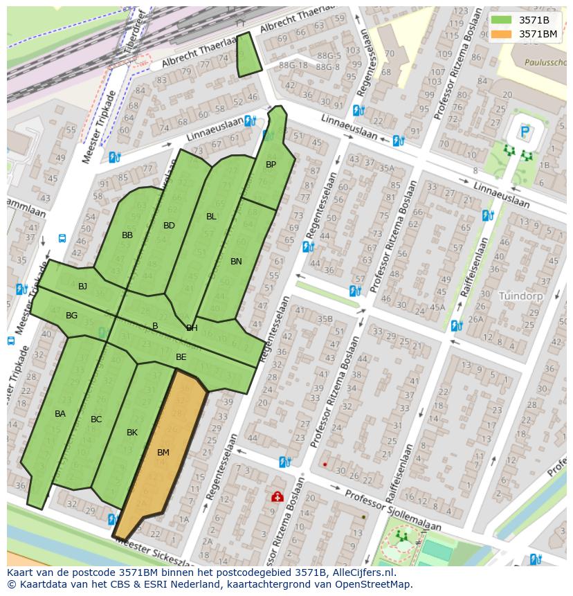 Afbeelding van het postcodegebied 3571 BM op de kaart.
