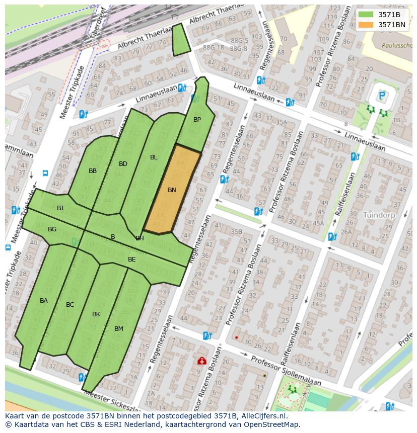 Afbeelding van het postcodegebied 3571 BN op de kaart.