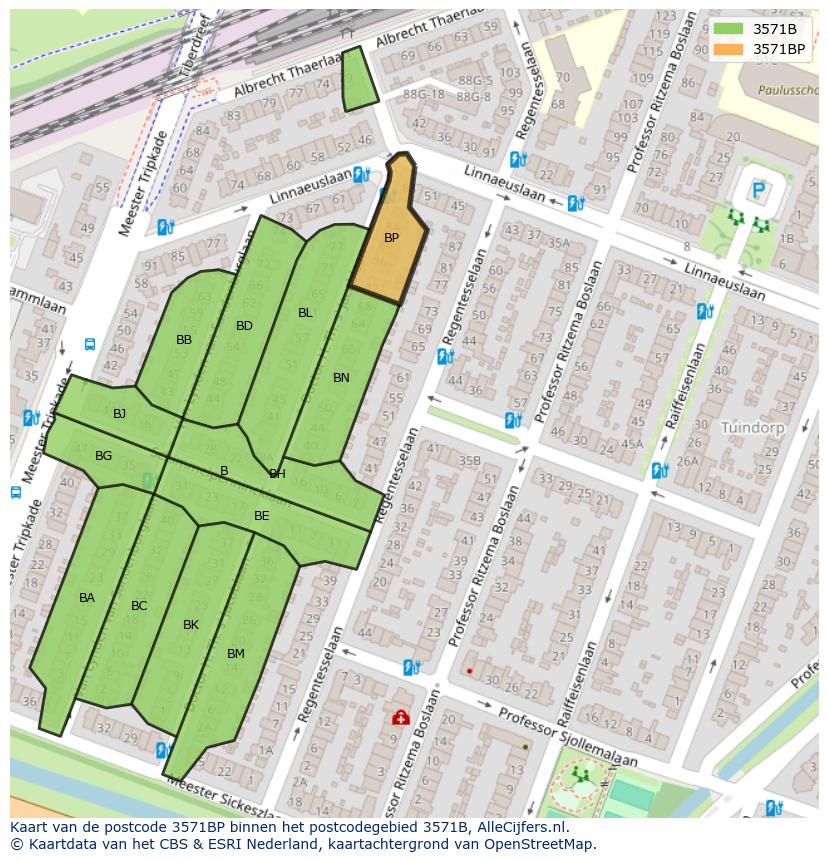 Afbeelding van het postcodegebied 3571 BP op de kaart.