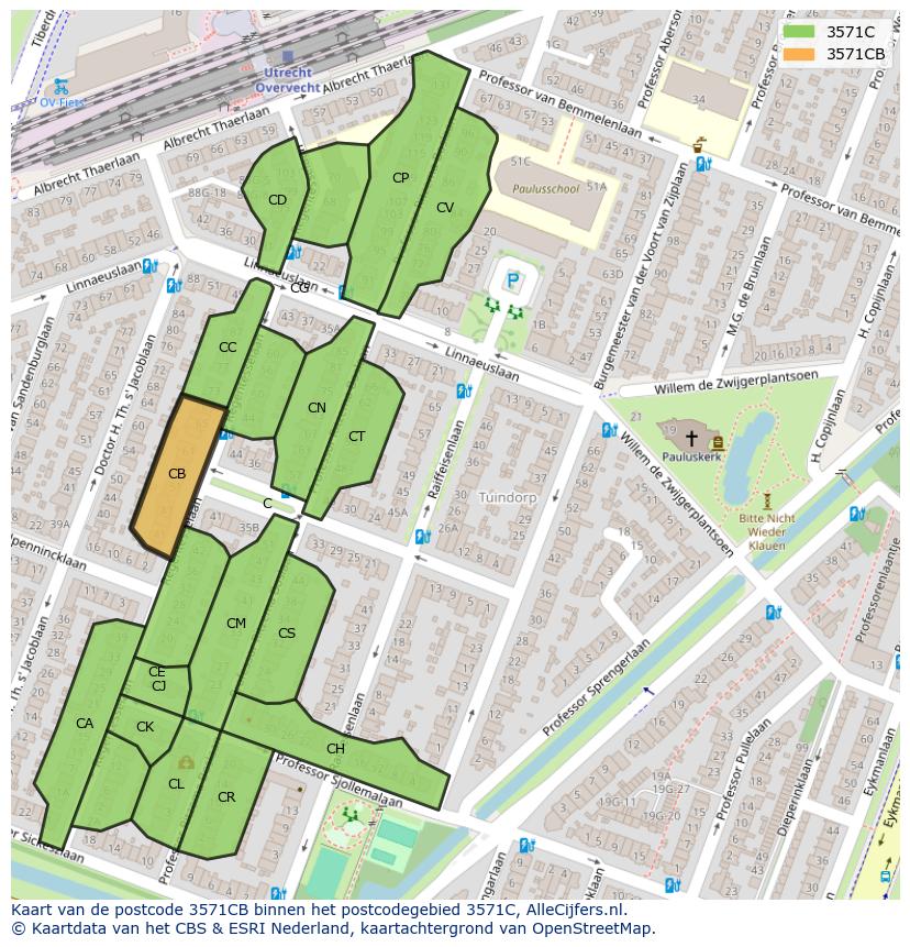 Afbeelding van het postcodegebied 3571 CB op de kaart.