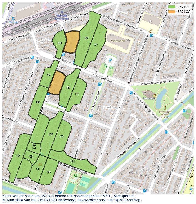 Afbeelding van het postcodegebied 3571 CG op de kaart.