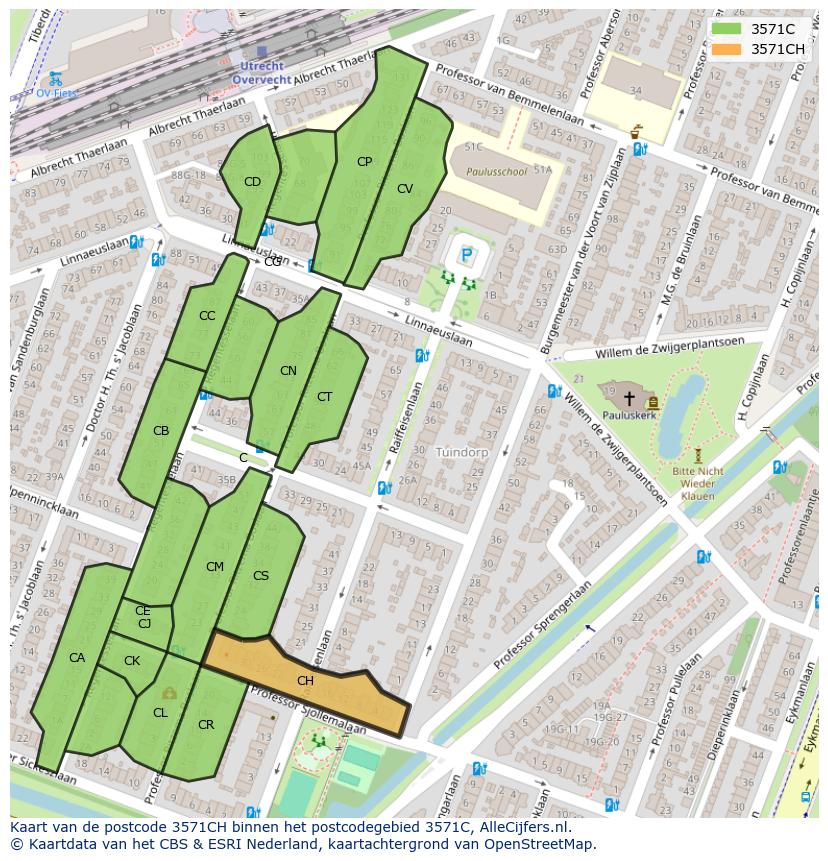 Afbeelding van het postcodegebied 3571 CH op de kaart.