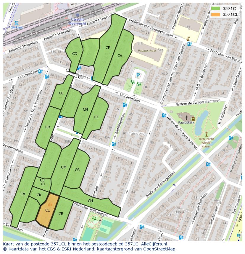 Afbeelding van het postcodegebied 3571 CL op de kaart.