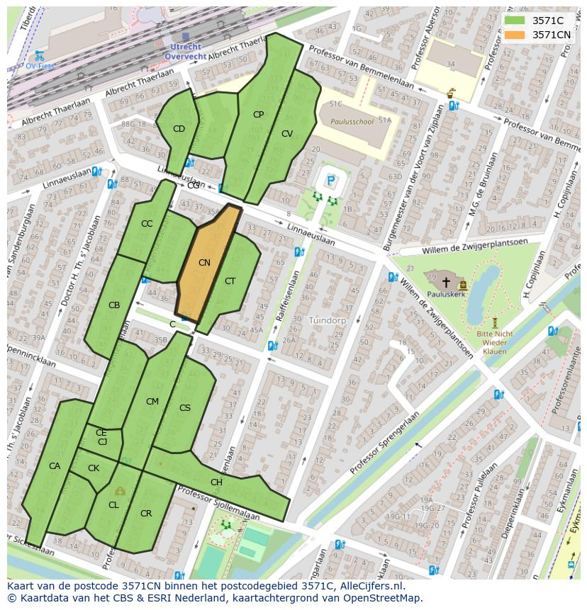 Afbeelding van het postcodegebied 3571 CN op de kaart.