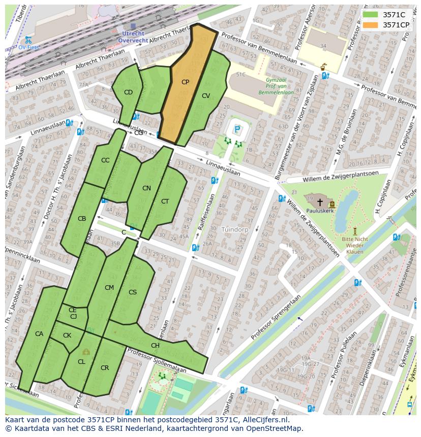 Afbeelding van het postcodegebied 3571 CP op de kaart.