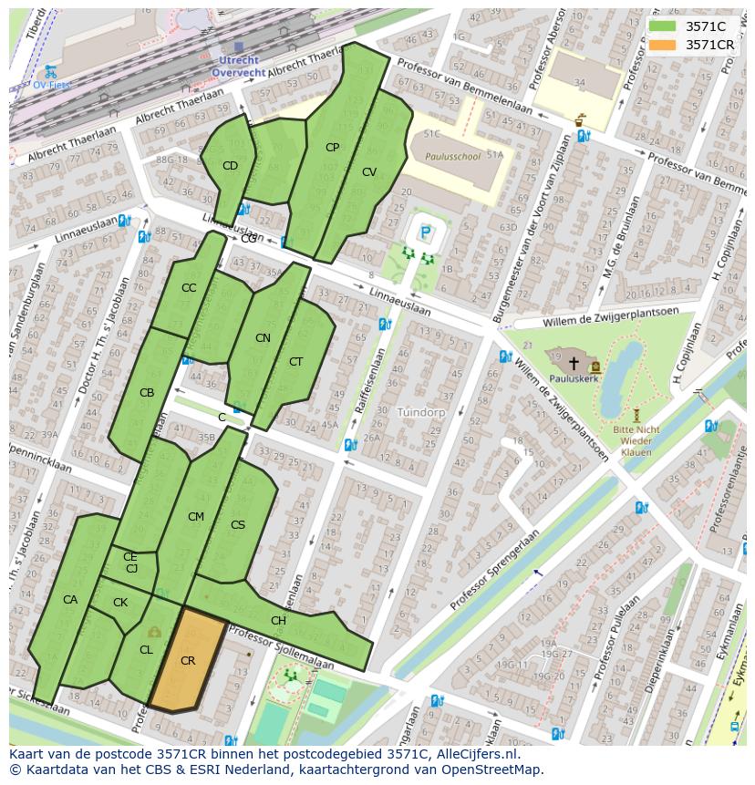 Afbeelding van het postcodegebied 3571 CR op de kaart.