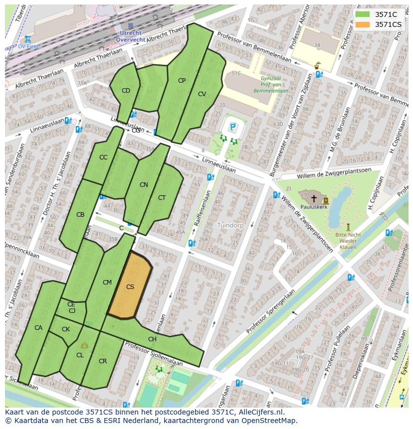 Afbeelding van het postcodegebied 3571 CS op de kaart.