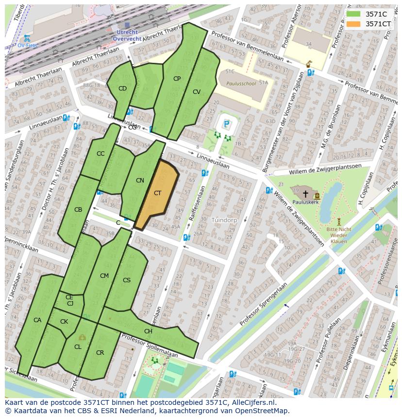 Afbeelding van het postcodegebied 3571 CT op de kaart.