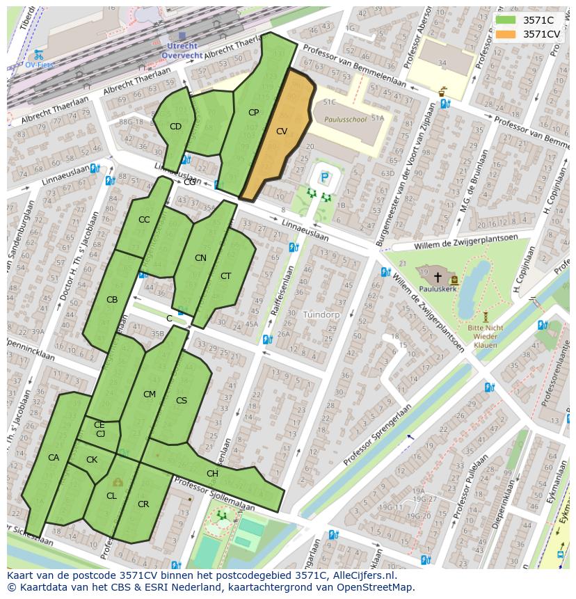 Afbeelding van het postcodegebied 3571 CV op de kaart.
