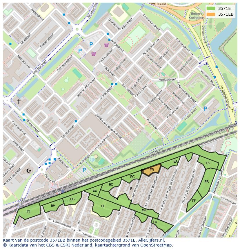 Afbeelding van het postcodegebied 3571 EB op de kaart.