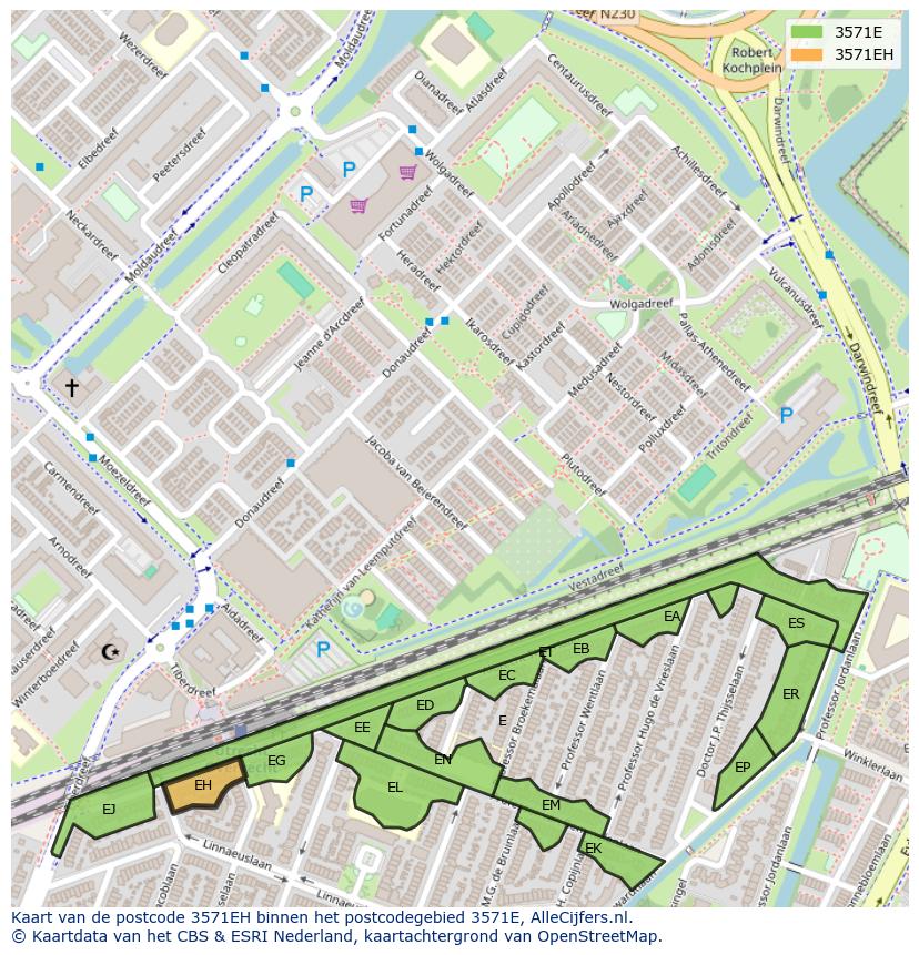 Afbeelding van het postcodegebied 3571 EH op de kaart.