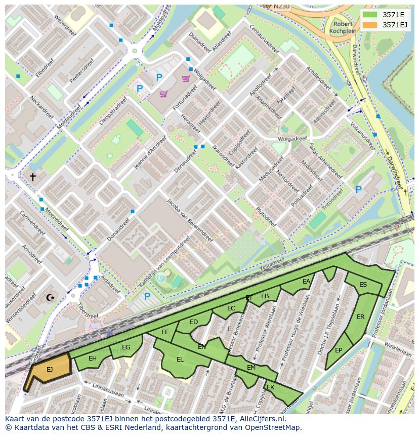 Afbeelding van het postcodegebied 3571 EJ op de kaart.