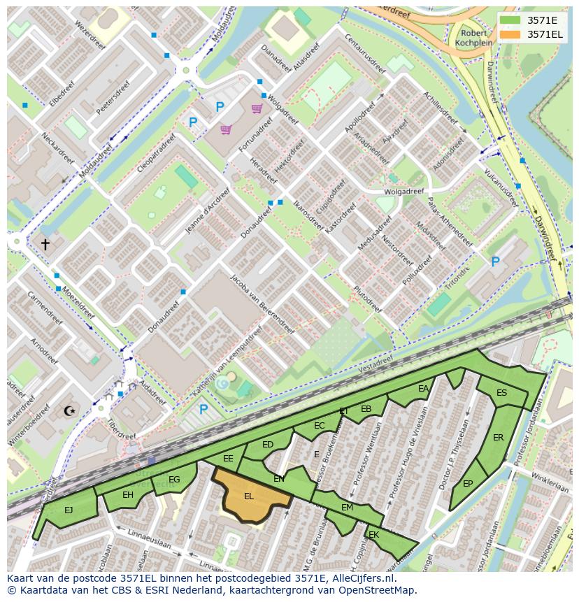 Afbeelding van het postcodegebied 3571 EL op de kaart.