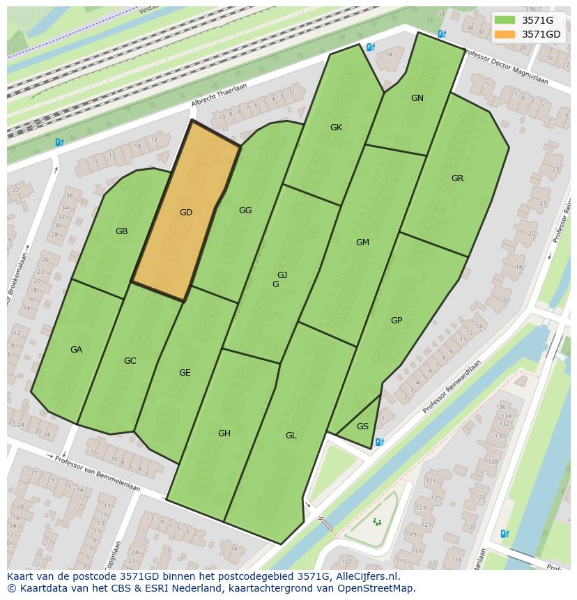 Afbeelding van het postcodegebied 3571 GD op de kaart.