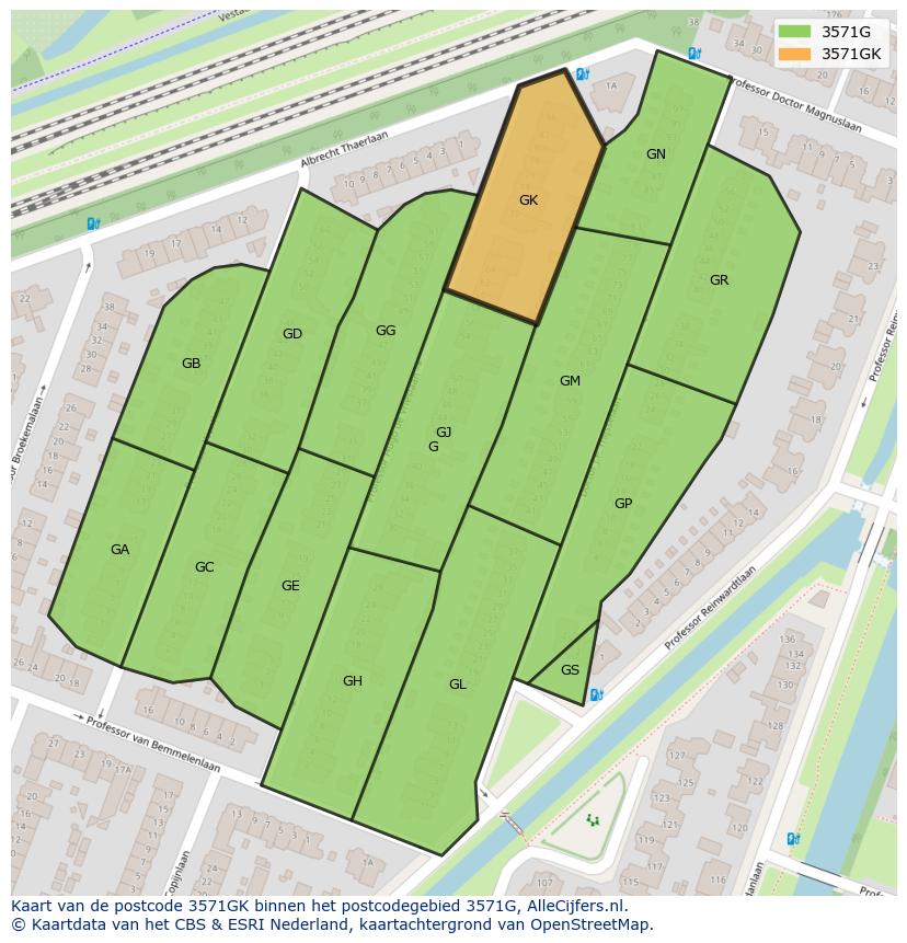 Afbeelding van het postcodegebied 3571 GK op de kaart.
